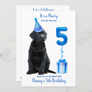 5th Birthday Puppy Theme- Cute Dog Blue Boy Pawty Invitation
