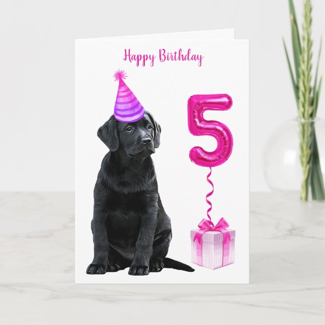5th Birthday Puppy Theme- Cute Dog Pink Girl Pawty Card (Front)