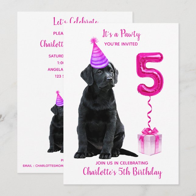 5th Birthday Puppy Theme- Cute Dog Pink Girl Pawty Invitation (Front/Back)