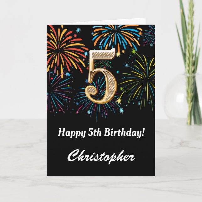 5th Birthday Rainbow Fireworks Black and Gold Card (Front)