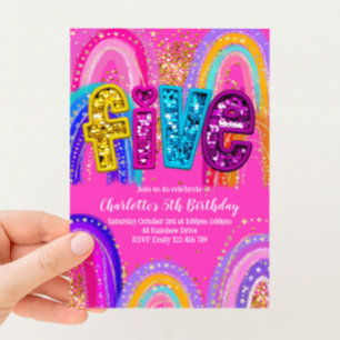 5th Birthday Rainbow Sequin Glitter Invitation
