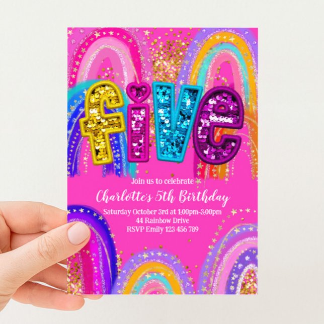 5th Birthday Rainbow Sequin Glitter Invitation (Creator Uploaded)