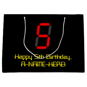5th Birthday: Red Digital Clock Style "5" + Name Large Gift Bag