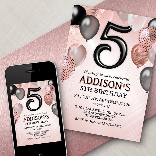 5th Birthday Rose Gold Balloons Invitation (Creator Uploaded)