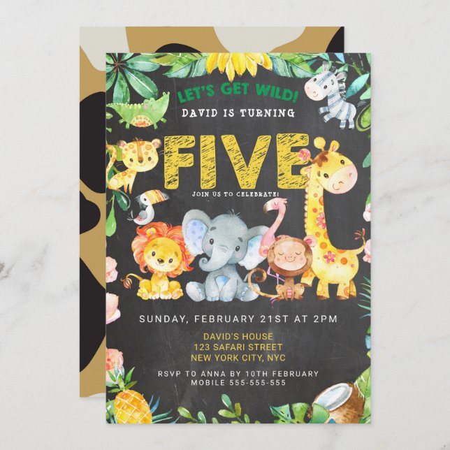 5th Birthday Safari Jungle Chalkboard Cute Boy Invitation (Front/Back)