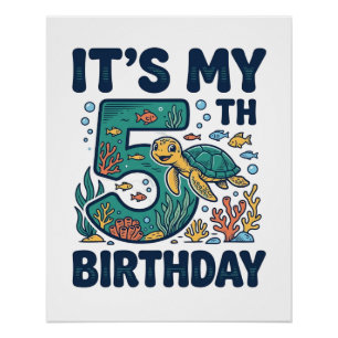 5th Birthday Sea Turtle Underwater Vector Design_1 Poster