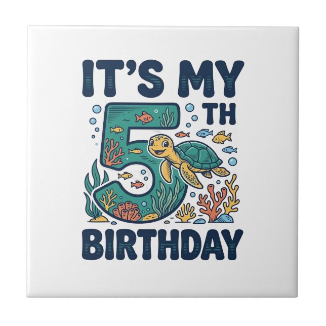 5th Birthday Sea Turtle Underwater Vector Design_1 Tile (Front)