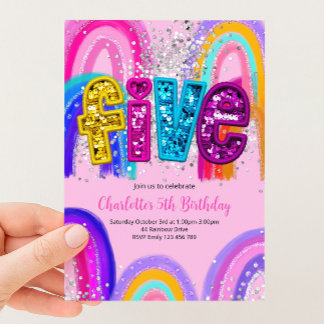 5th Birthday Sequin Rainbow Party Invitation