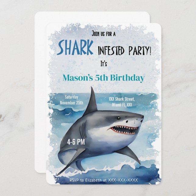 5th Birthday Shark Invitation (Front/Back)