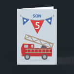 5th Birthday Son, Firetruck Card<br><div class="desc">A special son is turning five. Greet and celebrate with him on his FIFTH birthday with this cute card with a fire truck in front rushing in to send birthday wishes to your little boy.</div>