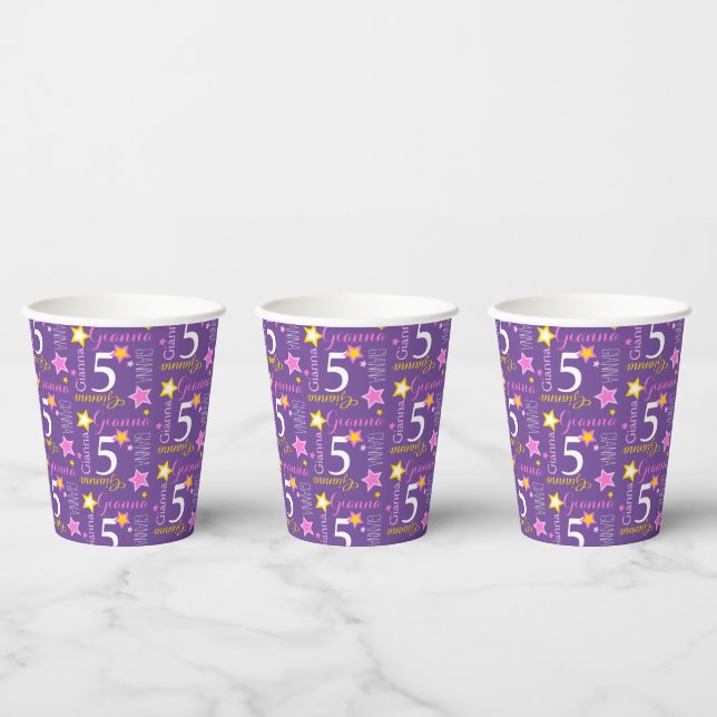 5th birthday star custom purple pink kids party paper cups (Multi)