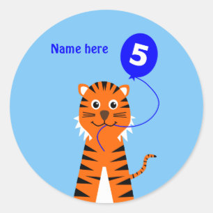 5th birthday tiger add name blue classic round sticker