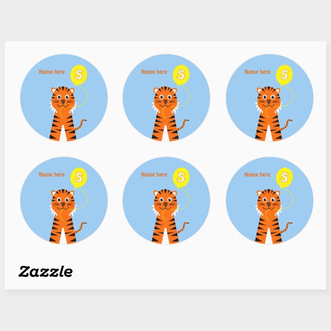 5th birthday tiger add name blue orange classic round sticker (Sheet)