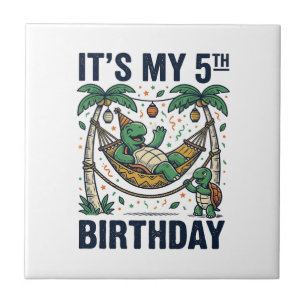 5th Birthday Turtle Hammock Vintage Engraving Desi Tile