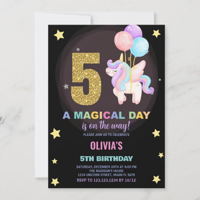 5th Birthday Unicorn Birthday Invitations (Front)