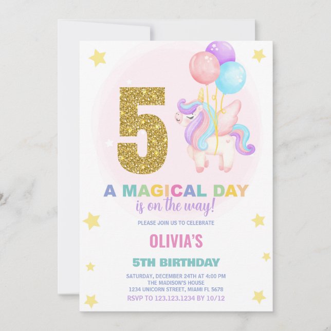 5th Birthday Unicorn Birthday Invitations (Front)