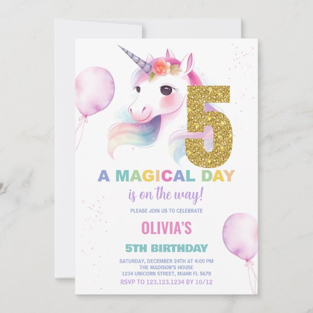 5th Birthday Unicorn Birthday Invitations (Front)