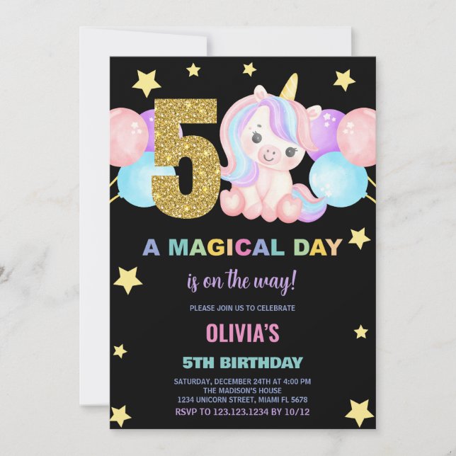 5th Birthday Unicorn Birthday Invitations (Front)