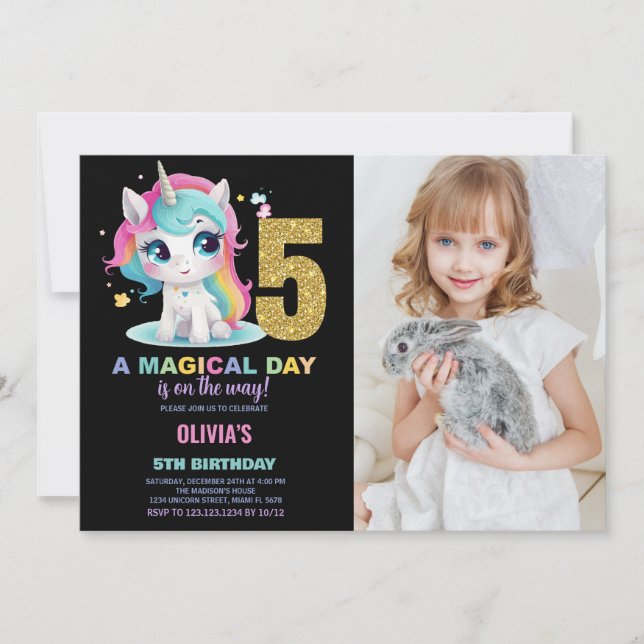 5th Birthday Unicorn Birthday Invitations photo (Front)