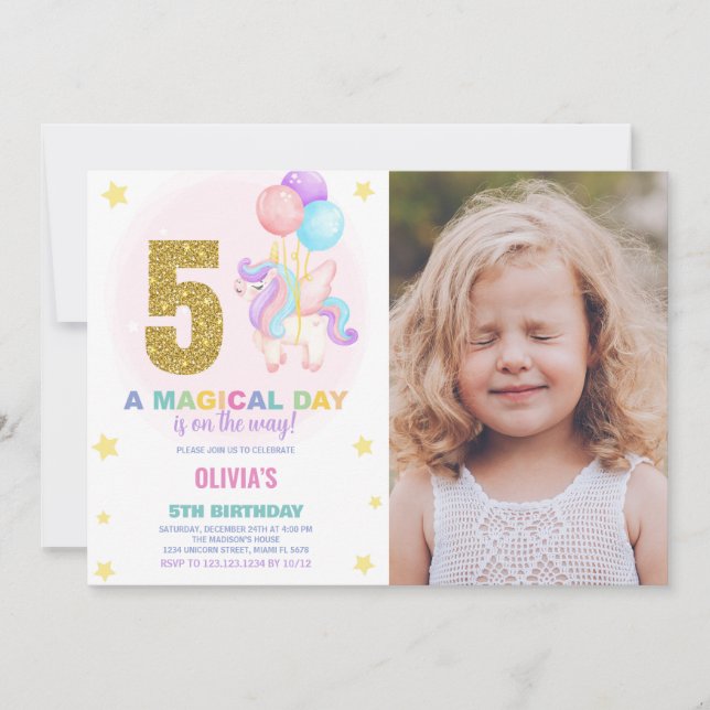 5th Birthday Unicorn Birthday Invitations photo (Front)