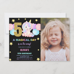 5th Birthday Unicorn Birthday Invitations w photo