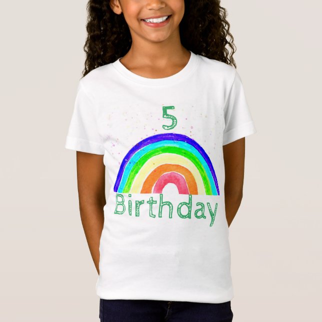 5th Birthday Watercolor rainbow colourful girly T-Shirt (Front)