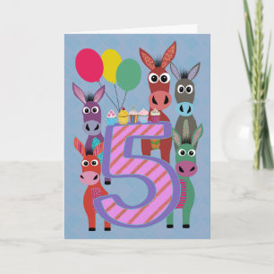 5th Birthday with Five Donkeys and Cupcakes Card