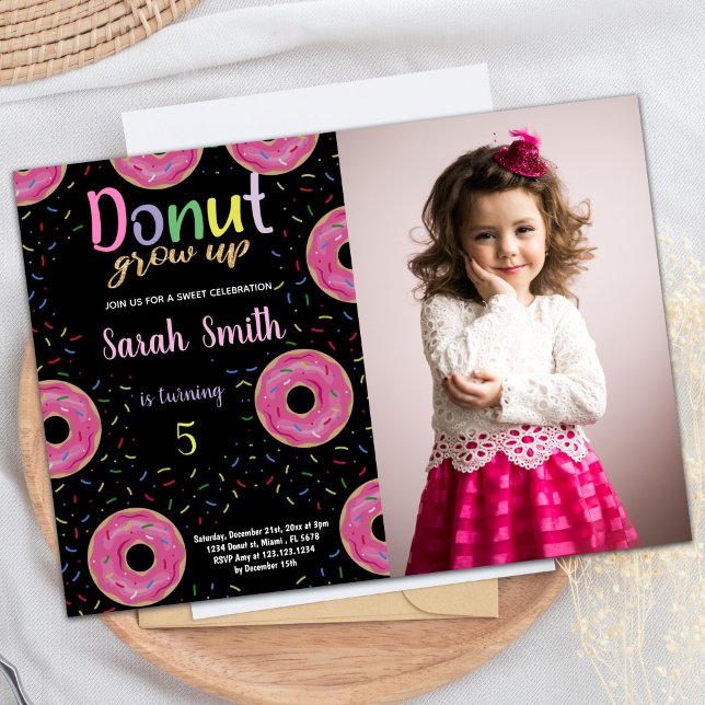 5th Black Pink Photo Doughnut Birthday Invitations (5th Black Pink Photo Donut Birthday Invitations)