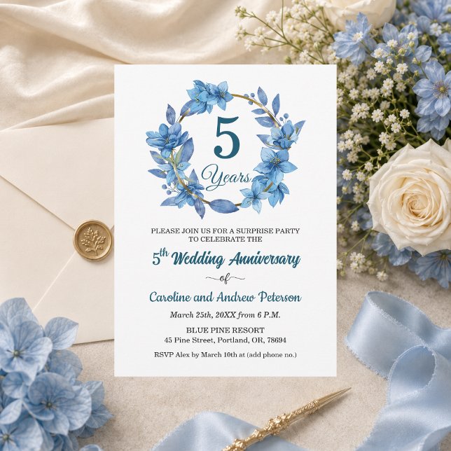 5th Blue Floral Surprise Wedding Anniversary  Invitation (Creator Uploaded)
