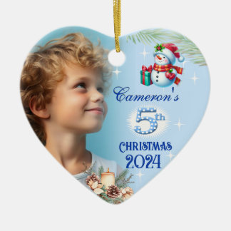 5th Christmas Personalized Boy's Photo Heart Gift Ceramic Tree Decoration