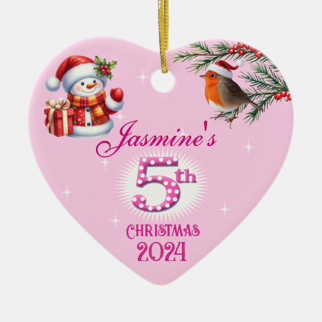 5th Christmas Personalized Girl's Heart Keepsake Ceramic Tree Decoration (Front)