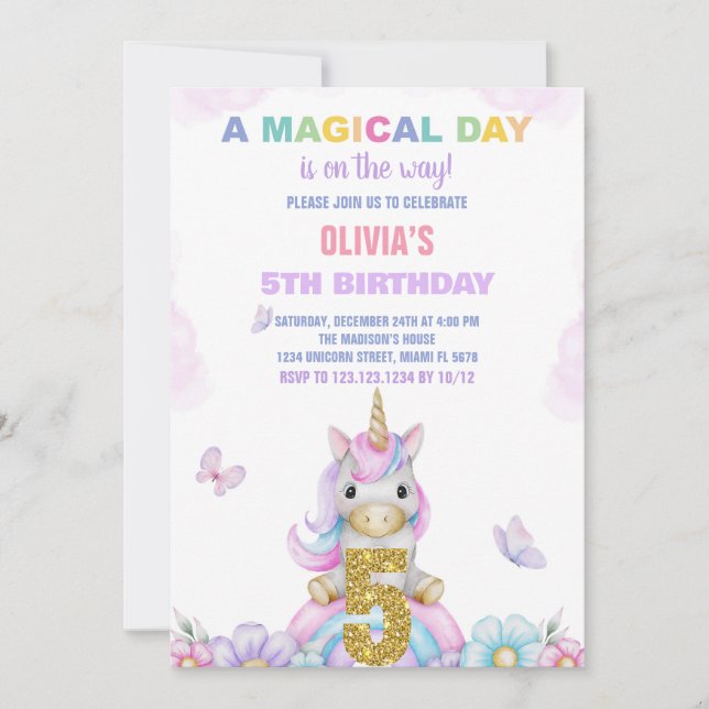 5th Floral Unicorn Birthday Invitations (Front)