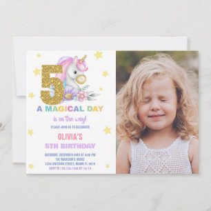 5th Floral Unicorn Birthday Invitations with Photo
