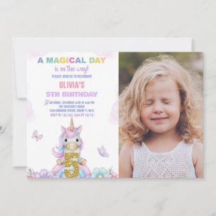 5th Floral Unicorn Birthday Invitations with photo