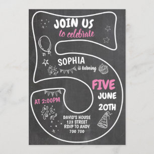 5th Girl Birthday Chalkboard Pink Number Invitation