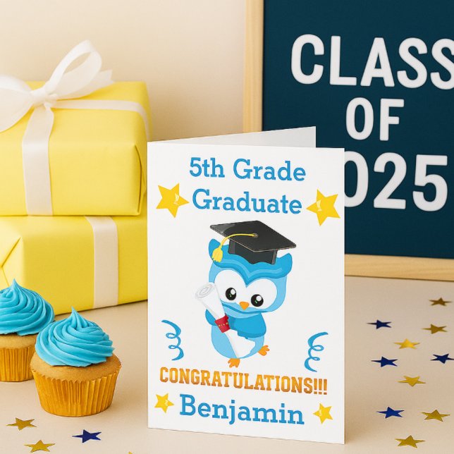 5th Grade Boy Graduation Blue Owl Congrats Card (Creator Uploaded)