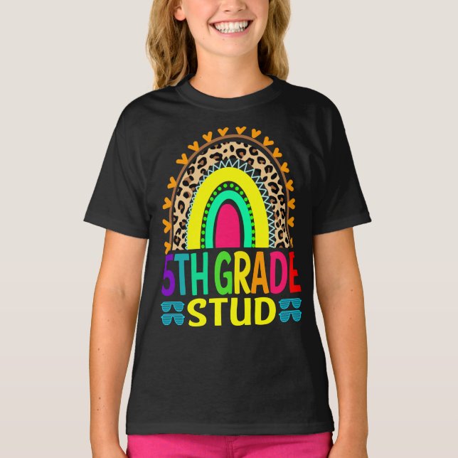 5th Grade Stud Rainbow Leopard Back To School  T-Shirt (Front)