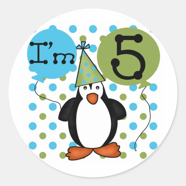 5th Penguin Birthday tshirts and Gifts Classic Round Sticker (Front)