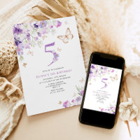 5th Purple Lilac Butterflies birthday Invitation