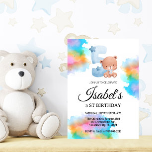 5th Rainbow Paint Splash,cute baby bear Birthday Invitation