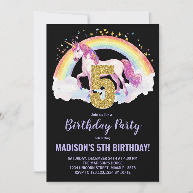 5th Rainbow Unicorn Birthday Invitations (Front)