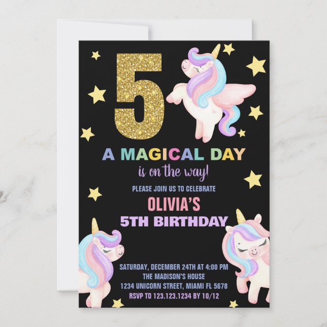 5th Rainbow Unicorn Birthday Invitations Fly (Front)
