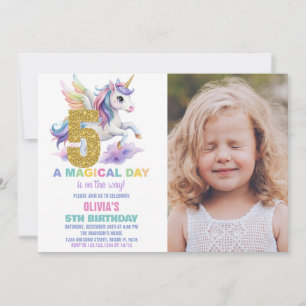 5th Rainbow Unicorn Birthday Invitations w photo