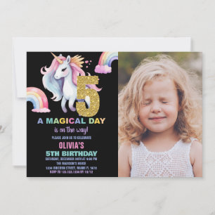 5th Rainbow Unicorn Birthday Invitations w photo
