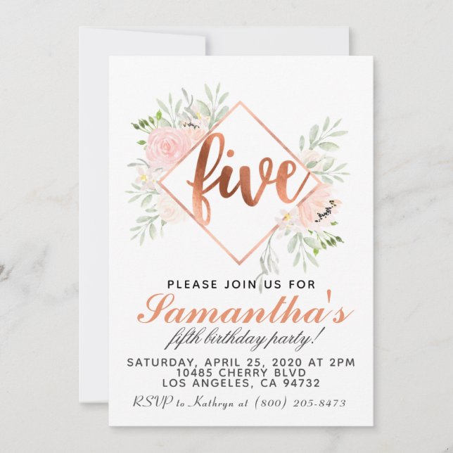 5th Rose Gold Birthday Invitation (Front)