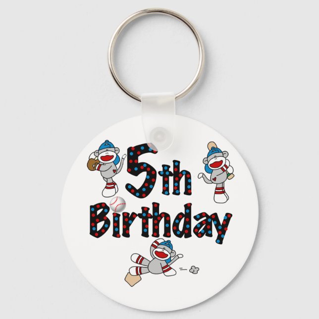 5th Sock Monkey Baseball Birthday Key Ring (Front)