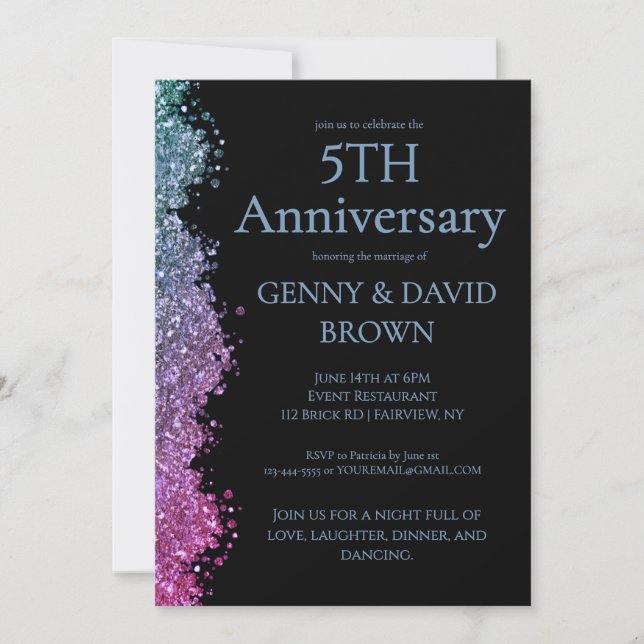 5th Wedding Anniversary Blue Purple Faux Glitter  Invitation (Front)