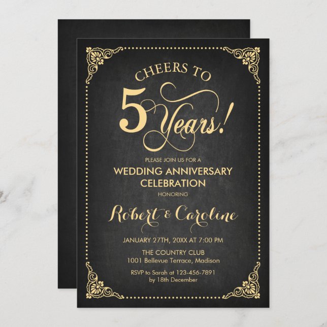 5th Wedding Anniversary - Chalkboard Gold Invitation (Front/Back)