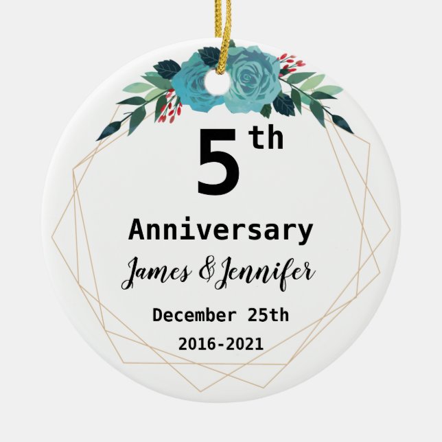 5th Wedding Anniversary Custom Names and Year Ceramic Tree Decoration (Front)