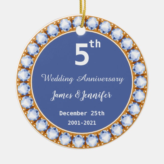 5th Wedding Anniversary diamond Custom Names Ceramic Tree Decoration (Front)